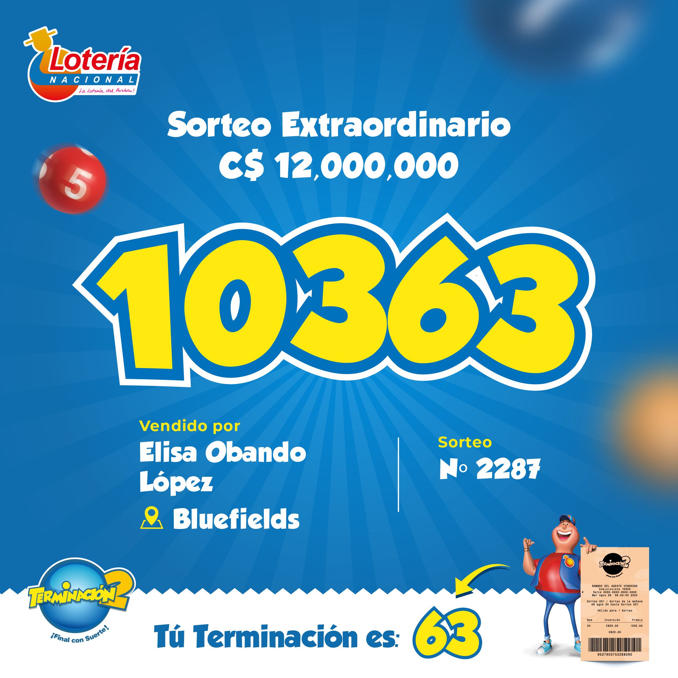 La fortuna sonrió a Bluefields con el premio mayor